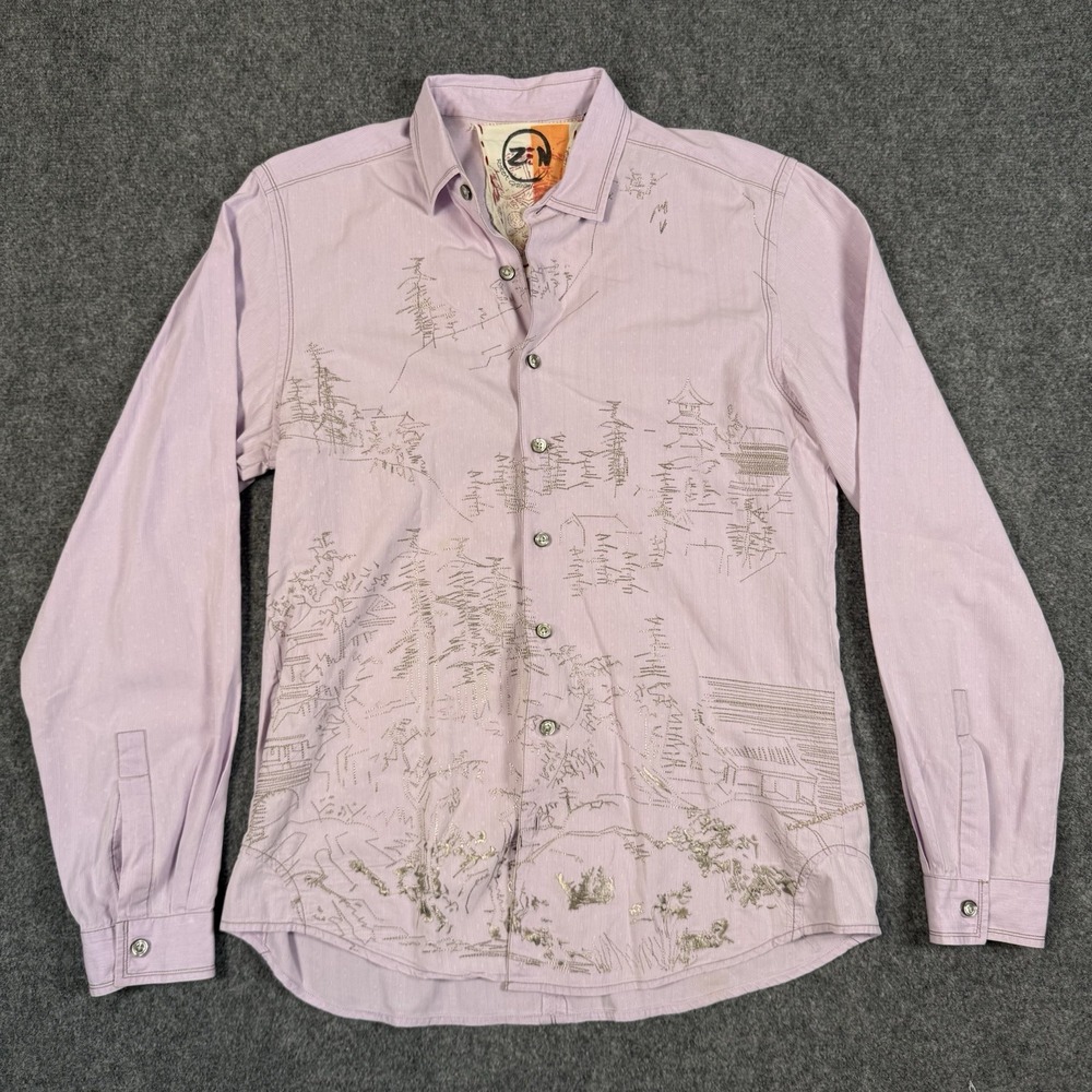 Robert Graham Zen Shirt Men Large Lavender Purple Metallic Embroidery Asian Art
